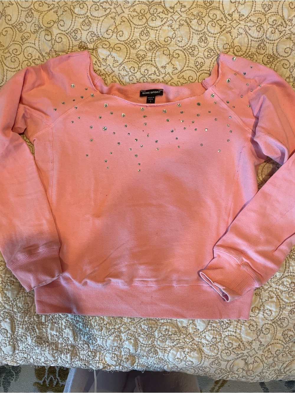 bebe Pink Scoopneck Sweatshirt with Crystal Accents